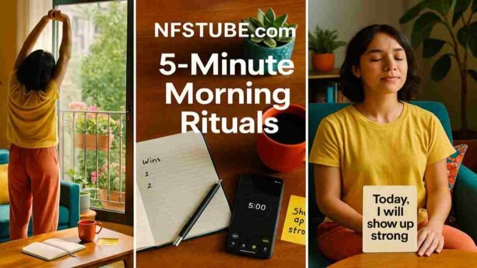 Collage showing NFSTUBE.com’s 5-Minute Morning Motivation Rituals - a woman stretching in sunlight, a journal and coffee with timer, and a calm affirmation session in a colorful modern home.