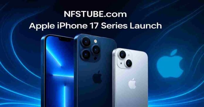 Modern tech banner with Apple iPhone 17 series—Pro Max, Air, Cupertino event highlighted, AI-focused,