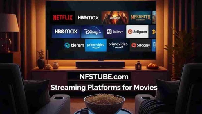 movie streaming apps smart TV display showing Netflix, Prime Video and other OTT platforms in a modern living room - NFSTUBE graphic