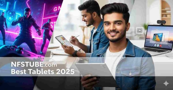 A dynamic composite image showing a young Indian student using a tablet for gaming, note-taking, and online classes, with the NFSTUBE.com and Best Tablets 2025 logo overlaid.