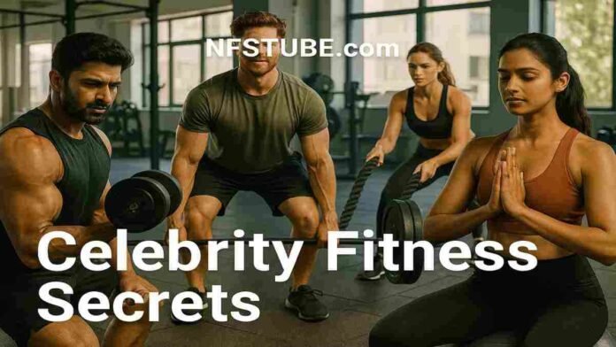 Celebrities performing various fitness routines including weight training, functional exercises, and yoga, showcasing their dedication.