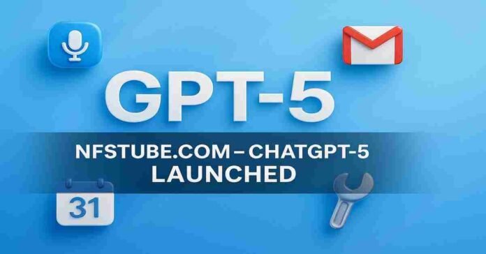ChatGPT-5 launch in 2025 with glowing India map, voice chat icon, Gmail and Calendar integration icons, and multilingual AI feature badges — bright teal and indigo theme with bold GPT-5 overlay text.