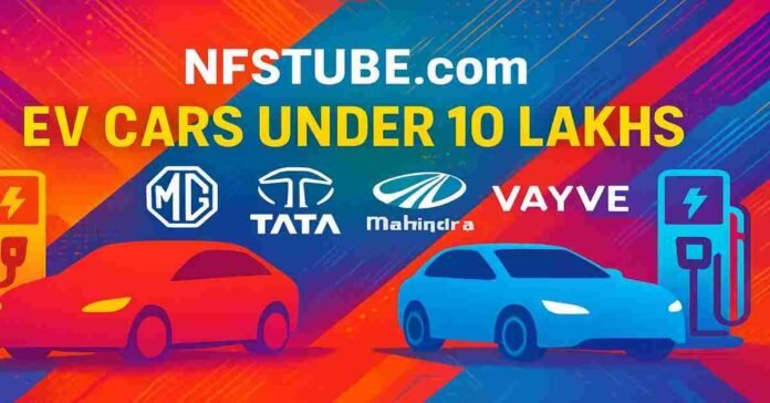 Modern vibrant banner showing silhouettes of electric cars, EV charging icons and brand logos, with NFSTUBE.com and EV Cars Under 10 Lakhs overlay text