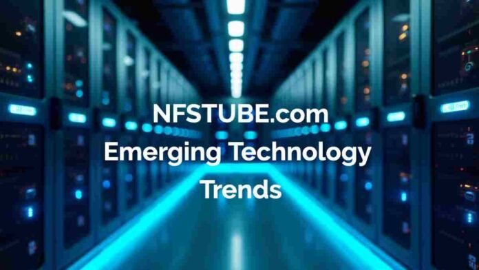 Eye-level view of a modern server room with glowing blue lights , Emerging Technology