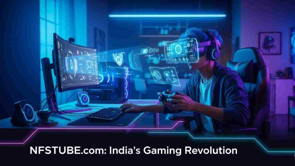 A person immersed in futuristic gaming in a modern home, showcasing advanced gaming technology.