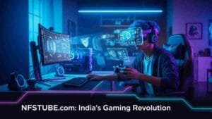 A person immersed in futuristic gaming in a modern home, showcasing advanced gaming technology.