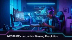 A person immersed in futuristic gaming in a modern home, showcasing advanced gaming technology.