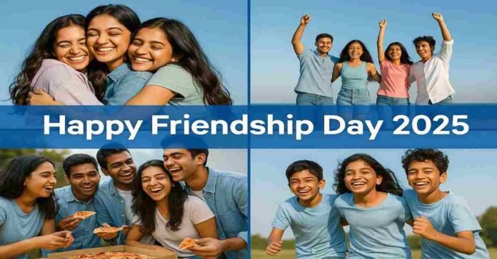 Group of happy Indian friends celebrating Friendship Day 2025—hugging, laughing, eating pizza, and playing outdoors in warm natural daylight with a festive mood.