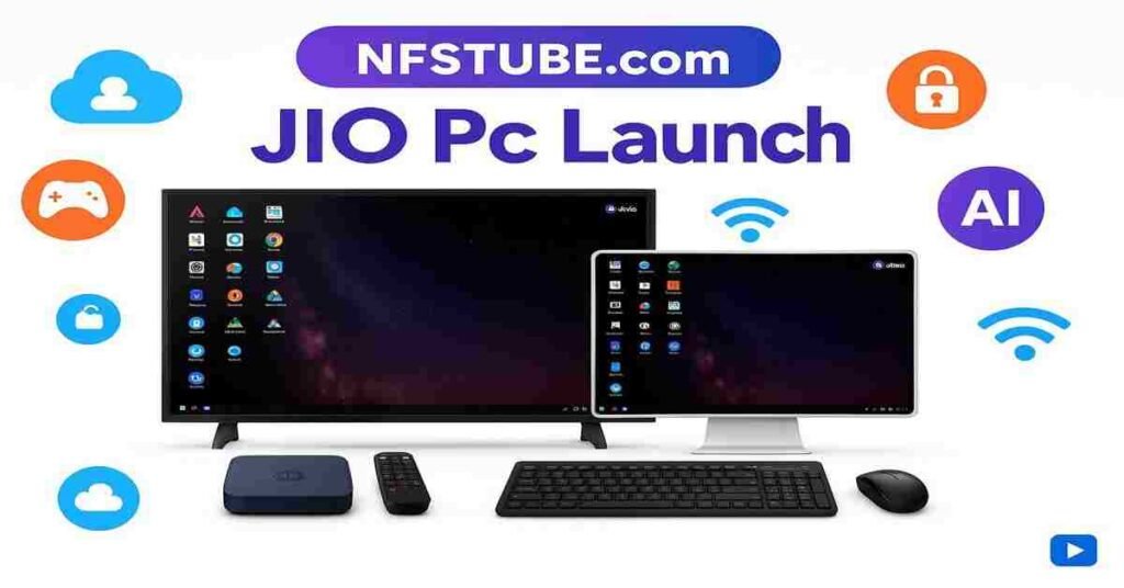 Jio PC Launch official visual showing a TV and monitor with galaxy/starfield desktop interface, Jio Set-Top Box, remote, keyboard, and mouse on a white background—modern, minimalist, showcasing digital apps and devices for virtual computing.