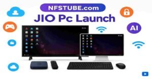 Jio PC Launch official visual showing a TV and monitor with galaxy/starfield desktop interface, Jio Set-Top Box, remote, keyboard, and mouse on a white background—modern, minimalist, showcasing digital apps and devices for virtual computing.