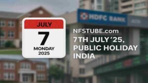 Calendar graphic showing July 7 2025 (Monday) with blurred background of Indian schools, banks, and stock market buildings, highlighting public holiday status in India.