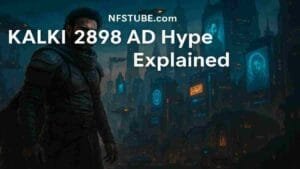 Prabhas in futuristic gear standing against a sci-fi Indian city backdrop from Kalki 2898 AD.