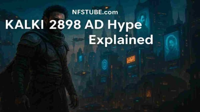 Prabhas in futuristic gear standing against a sci-fi Indian city backdrop from Kalki 2898 AD.