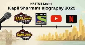Kapil Sharma’s journey - comedy mic, TV & OTT logos, Mumbai skyline, Amritsar roots