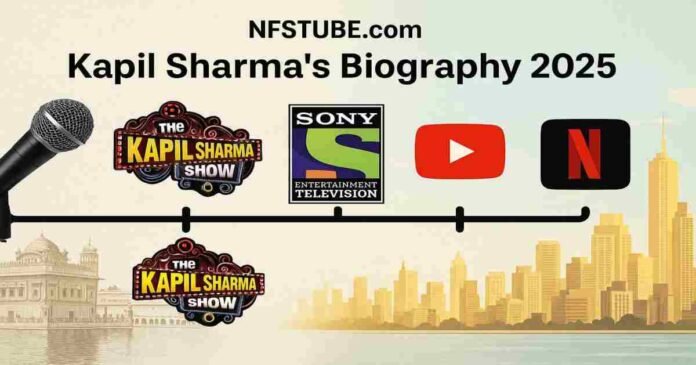 Kapil Sharma’s journey - comedy mic, TV & OTT logos, Mumbai skyline, Amritsar roots