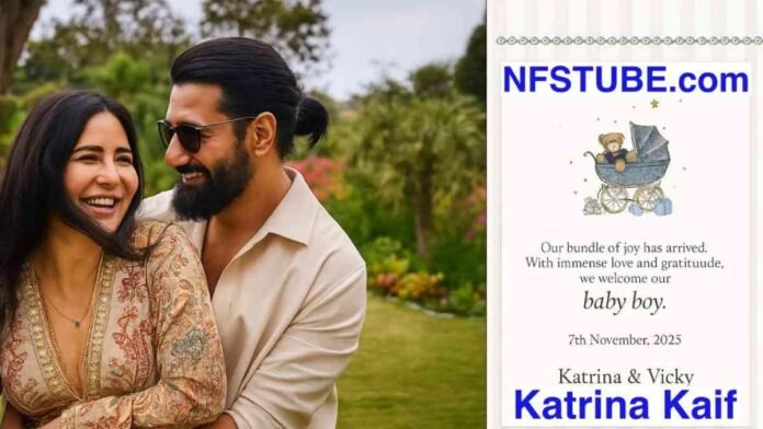 Katrina Kaif and Vicky Kaushal, featuring a joyful couple moment and a baby announcement card dated November 7, 2025, symbolizing their new journey as parents.