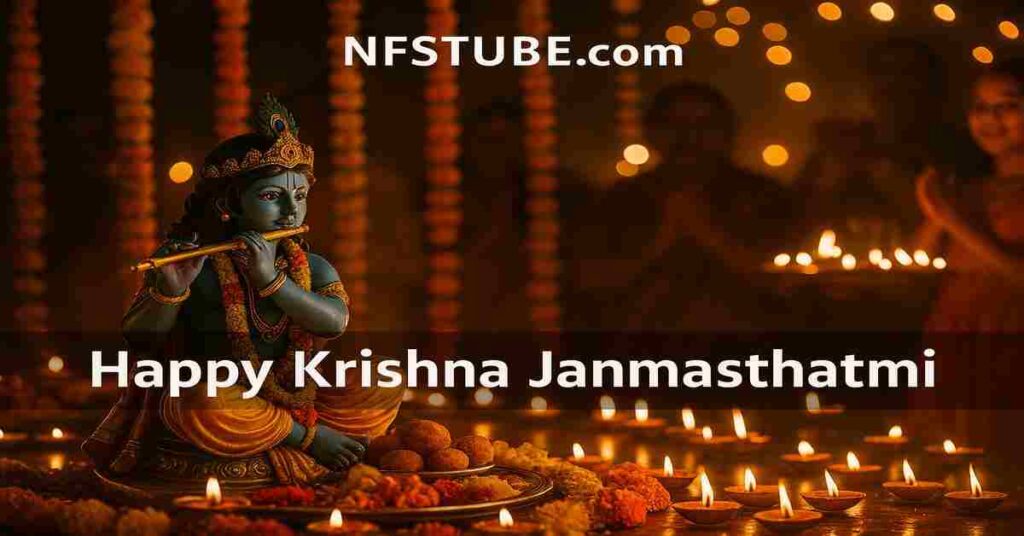Devotees celebrating Krishna Janmashtami 2025 with abhishekam and Dahi Handi.