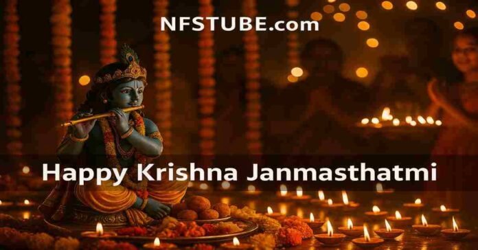 Devotees celebrating Krishna Janmashtami 2025 with abhishekam and Dahi Handi.