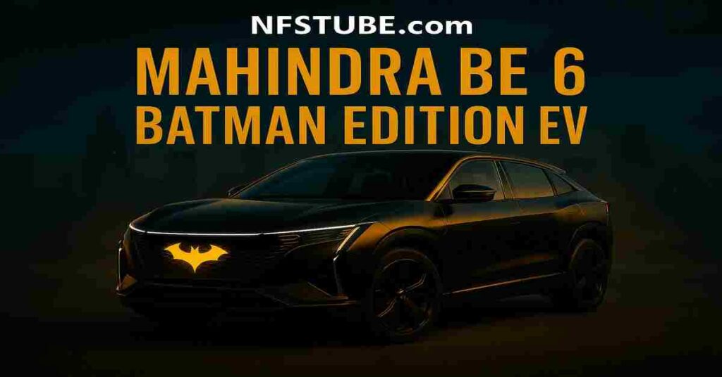 Mahindra BE6 Batman Edition SUV in cinematic dark theme.