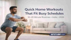 Quick home workouts for busy Indian professionals exercising at home- NFSTUBE fitness guide