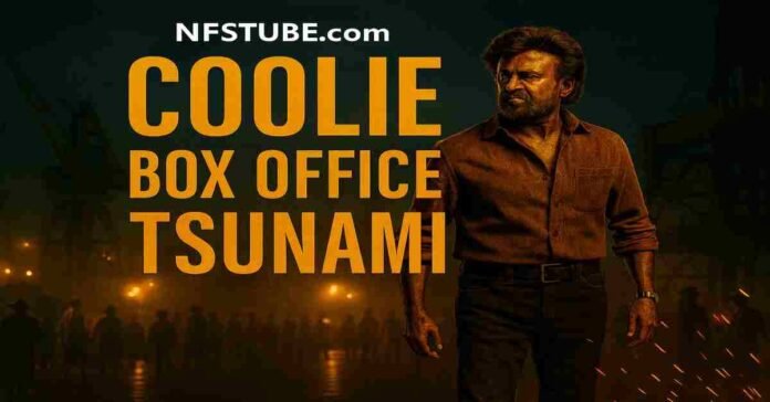 Rajinikanth as Coolie standing in a dockyard with sparks in the air.