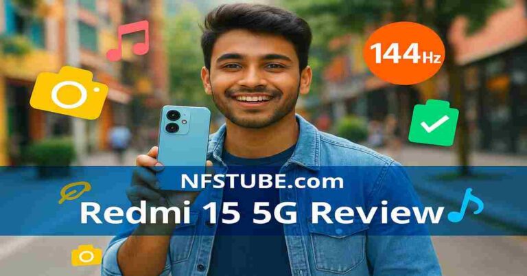 Redmi 15 5G smartphone with 144Hz display, 7000mAh battery icon, and 5G connectivity symbols - NFSTUBE.com review banner in blue tones.