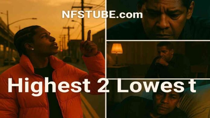 A$AP Rocky and Denzel Washington in a dramatic scene from Highest 2 Lowest highlighting contrasting lives and emotional journeys.