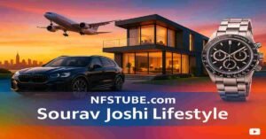 Sourav Joshi Lifestyle 2025 - luxury car, modern house, travel and success elements in NFSTUBE banner