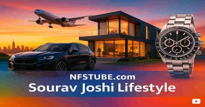 Sourav Joshi Lifestyle 2025 - luxury car, modern house, travel and success elements in NFSTUBE banner