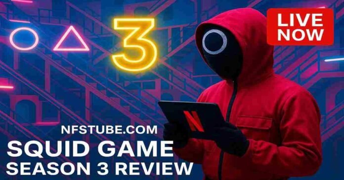 Squid Game Season 3 review- masked guard, game arena, neon Netflix style, release date, trending keywords