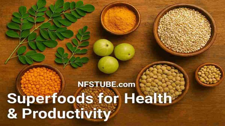 Assortment of Indian superfoods like moringa, turmeric, amla, quinoa, and lentils arranged on a wooden surface.