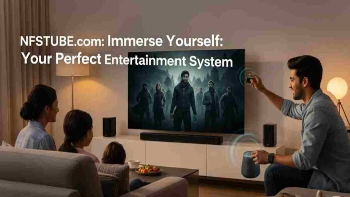  Indian family enjoying immersive movie night with a modern sound and entertainment systems in a living room.
