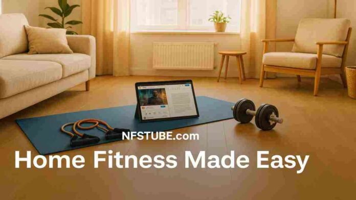 Home Workouts- A bright living room setup featuring essential home workout gear including a yoga mat, resistance bands, and adjustable dumbbells.