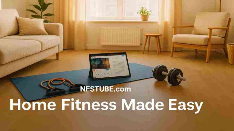 Home Workouts- A bright living room setup featuring essential home workout gear including a yoga mat, resistance bands, and adjustable dumbbells.