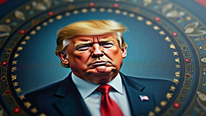 Close-up view of a digital art piece depicting a stylized Trump