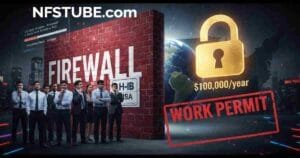 Firewall H-1B- An Indian IT worker holding a passport and laptop, with a stylised digital firewall blocking the view to a distant U.S. skyline — symbolising new H-1B visa barriers.