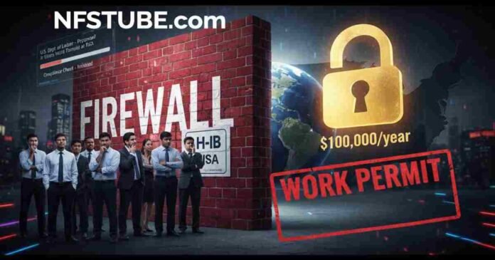 Firewall H-1B- An Indian IT worker holding a passport and laptop, with a stylised digital firewall blocking the view to a distant U.S. skyline — symbolising new H-1B visa barriers.