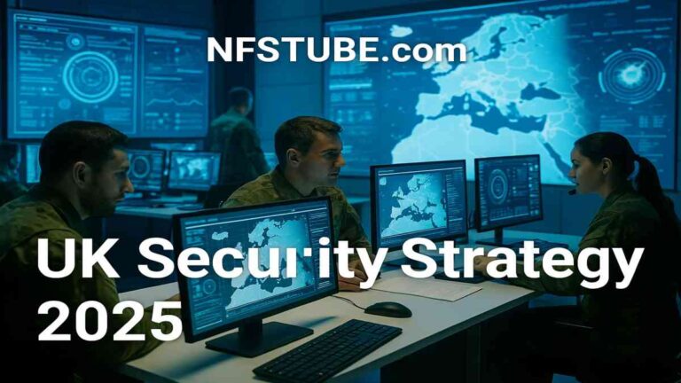 UK military personnel analyzing digital maps in a command center focused on national security planning.