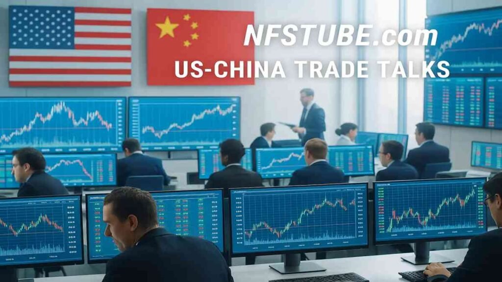 Traders watching real-time US and China market news on large digital screens, symbolizing renewed trade negotiations.
