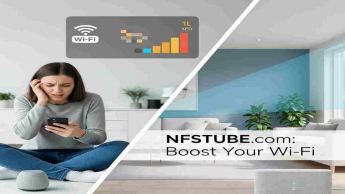 Dynamic image showing WiFi frustration contrasting with seamless connectivity from a mesh system.