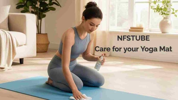 Hands gently cleaning a yoga mat with a spray and cloth, emphasizing hygiene and proper care.