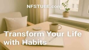 Journal and tea on a wooden desk with natural light, symbolizing reflection and habit formation.