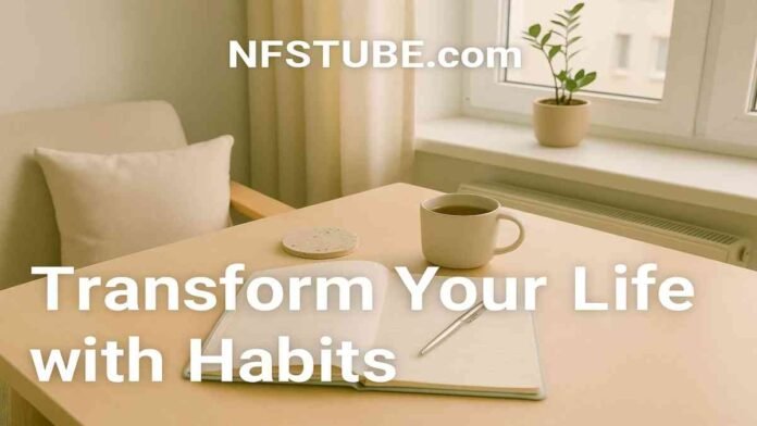 Journal and tea on a wooden desk with natural light, symbolizing reflection and habit formation.