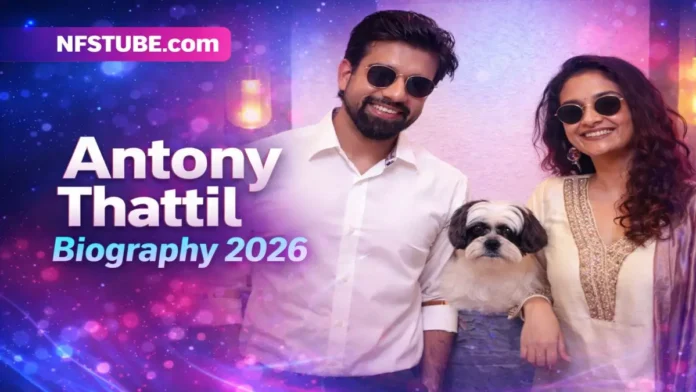 Antony Thattil with Keerthy Suresh in a candid portrait with their pet dog