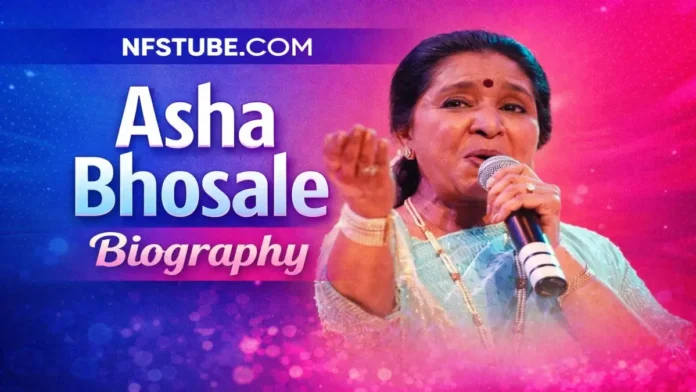 Asha Bhosle singing live on stage holding a microphone during a performance.