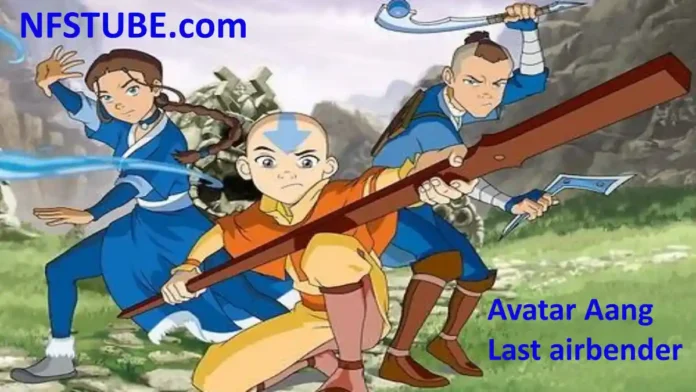 Avatar legend of aang , Last Airbender movie 2026 scene with Aang Katara Sokka action pose