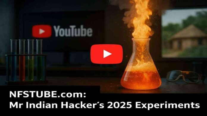 Mr Indian Hacker’s 2025 experimental setup with gadgets and homemade tools in a modern Indian setting. Brightly lit, tech-savvy, science creator style.