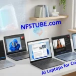 Five modern slim laptops displayed in a row on a clean white desk next to a bright window with glowing digital book and brain illustrations in the background.