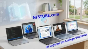 Five modern slim laptops displayed in a row on a clean white desk next to a bright window with glowing digital book and brain illustrations in the background.