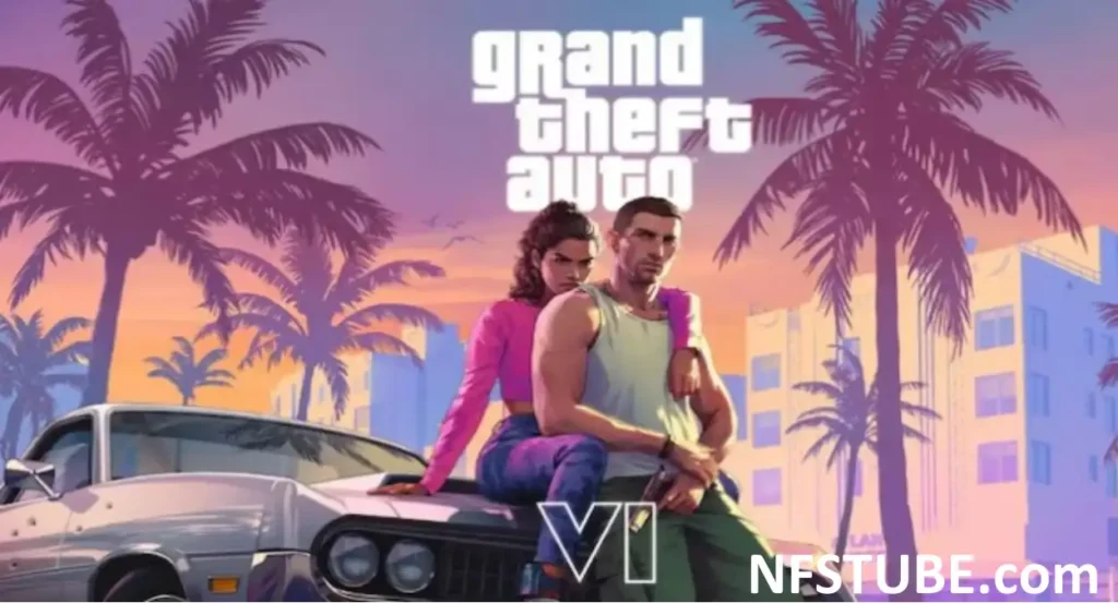Promotional artwork for GTA 6 alongside a PlayStation 5 console highlighting the game's pre-order announcement.